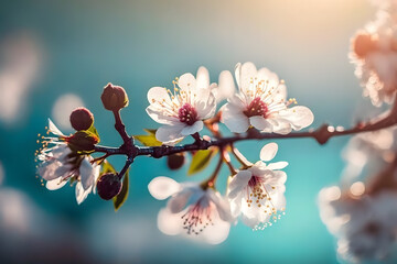 Obraz na płótnie Canvas Photos Branches of blossoming cherry macro with soft focus on gentle light blue sky background in sunlight with copy space. Beautiful floral image of spring nature, photography made with Generative AI