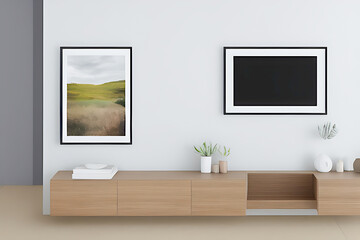 Obraz na płótnie Canvas Podium Display Home office concept, picture frame mockup, wall background, Elegant working space, interior design