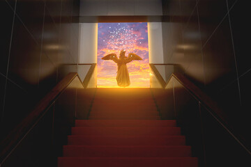 Back view of backlit fairy statue walking on stairs to illuminated opening in dark wall. Success. Exit. Ascension. Freedom of thought. and problem solving concepts