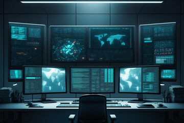 Cyber Room With Several Modern Computer Screens On The Wall