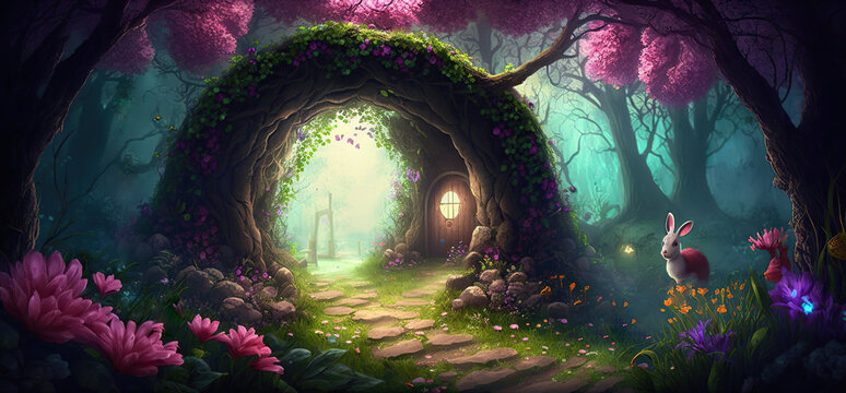 magical fantasy forest in the spring, easter banner, Generative AI