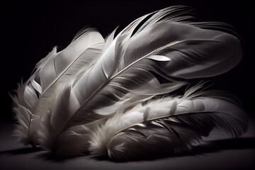 White albino bird feathers close-up on black isolated background, delicacy and softness, design background, copy space. Generative AI