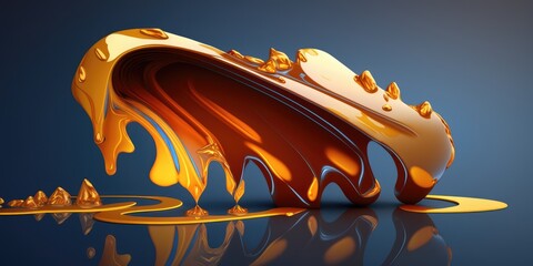 Crystallized dripping honey drop with rich golden amber translucent orange color with blue studio lighting, isolated negative space, reflective shiny mirror surface - generative AI.