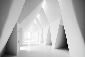 Trapezoidal white room corridor in the abstract Generative AI