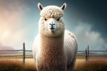 a fluffy alpaca standing in a field, with its big, expressive eyes looking directly at the viewer Generative AI