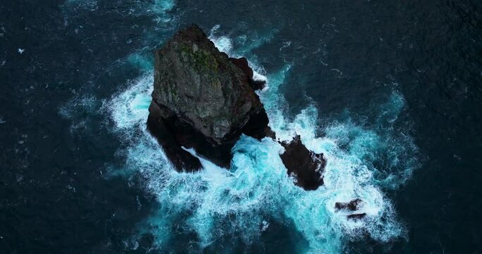 Overhead View Of Sea Stacks With Foamy Waves At Ponta de Sao Lourenco In Madeira Island, Portugal. Aerial Drone Shot