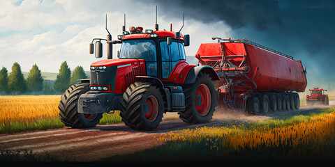 Obraz premium Wheat field, red harvester, harvest, agricultural machinery. Ai generative