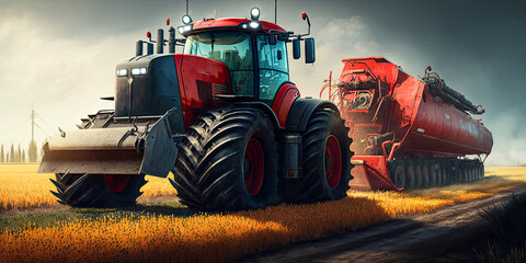 Obraz premium Wheat field, red harvester, harvest, agricultural machinery. Ai generative