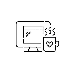 Desktop monitor and coffee mug with heart and steam. Pixel perfect, editable stroke icon