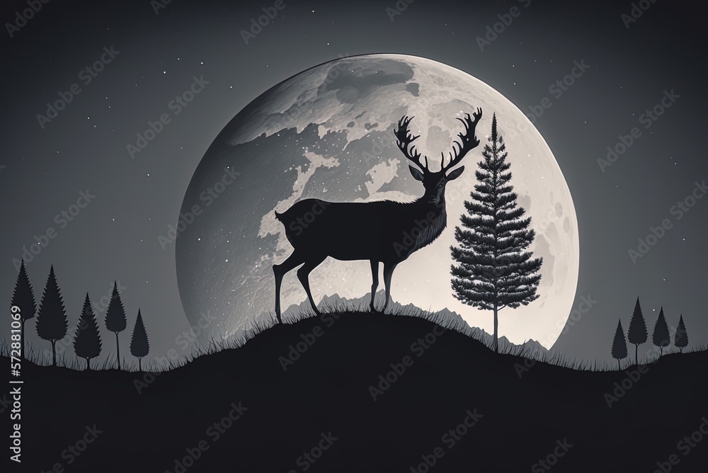 Poster artwork depicting a herd of deer grazing on a hillside in front of a moonlit grove of fir trees Generative AI