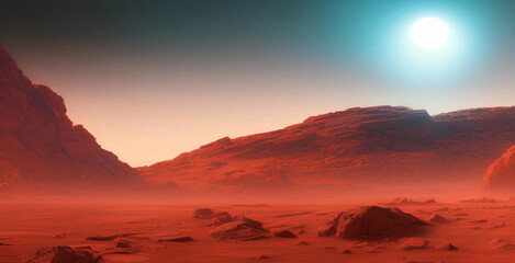 Fototapeta na wymiar Planet mars 3d illustration, orange red eroded mars surface, science fiction background. Generative AI. 