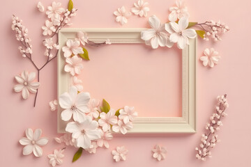 Fototapeta na wymiar Beautiful spring nature background with lovely blossom, petal a on soft pink background , top view, frame. Springtime concept made with Generative AI