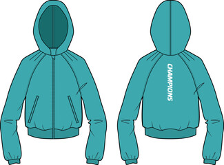 Women shell Hoodie jacket sweatshirt design template in vector, girls Hooded jacket sweater with front and back view, hooded winter jacket for ladies to Running and workout in winter © JERZEY DESINZ