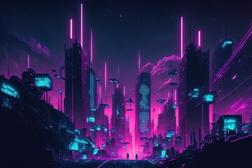Fototapeta na wymiar Purple and cyan neon lights illuminate a cyberpunk cityscape. Scene at night with futuristic skyscrapers. Generative AI