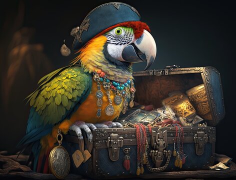 The Pirate Parrot on a Treasure Chest