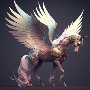A winged horse with a magical appearance, including a sparkling horn and iridescent wings