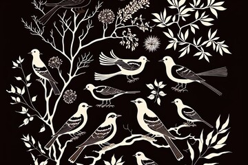 the birds perched on the branches. Illustrations of flora and fauna, plants, and animals Generative AI