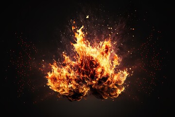 Fototapeta na wymiar An intense fire flame with a spark burst on a black backdrop. Generative AI