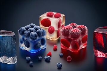 Strawberries, blueberries, and raspberries frozen in ice cubes. Generative AI