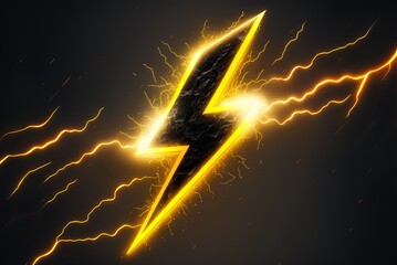 Illustration of a yellow graphic element design backdrop including an electrical light logo representing invention and a thunderous lightning bolt icon representing energy. Generative AI