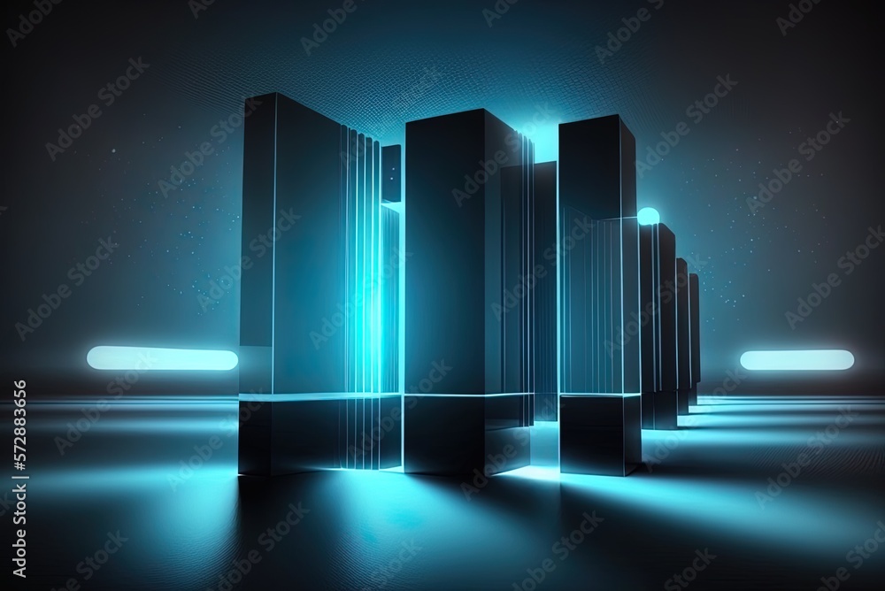 Poster blue lights arranged in a series of rectangles, all moving in the same way generative ai