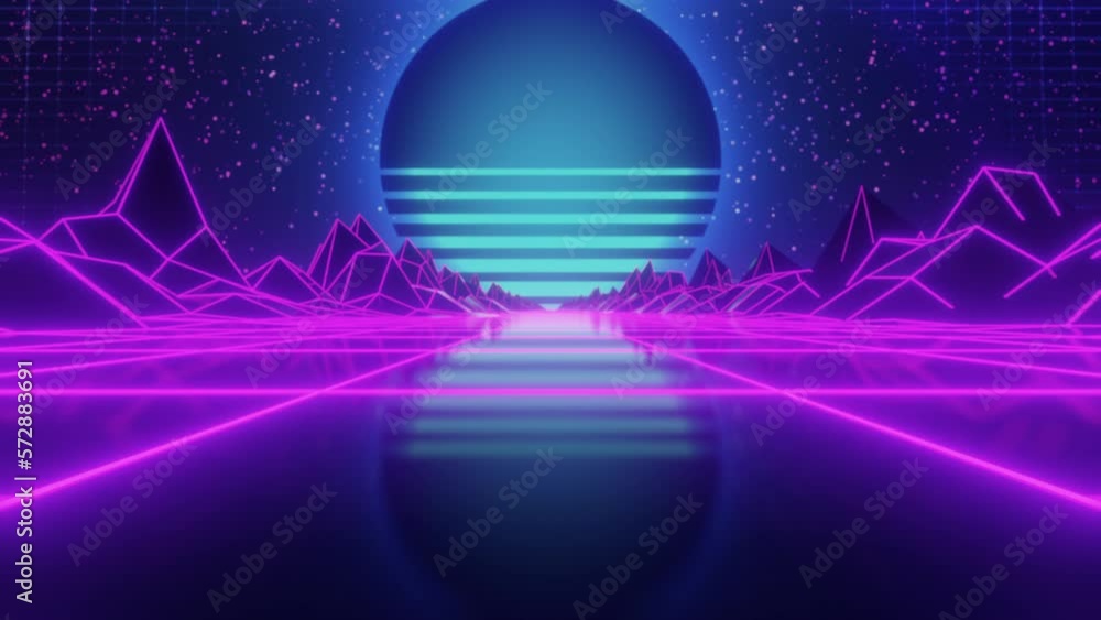 Poster synthwave sunset. animated background. 80s sun. wireframe landscape. retro future perspective grid. 