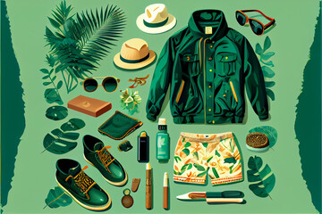 Travel clothes and accessories hat glasses on a green flat lay background, top view, summer travel and holidays. Generative AI