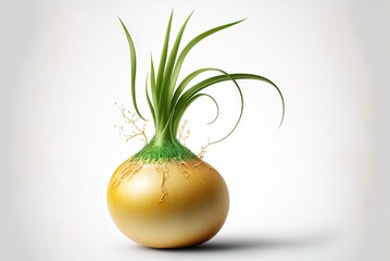 Green-budded onion bulb. authentic looking, uncut, unpeeled, yellow onions Generative AI - obrazy, fototapety, plakaty