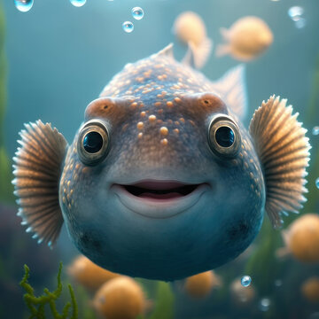 Cartoon happy fish. AI generative.