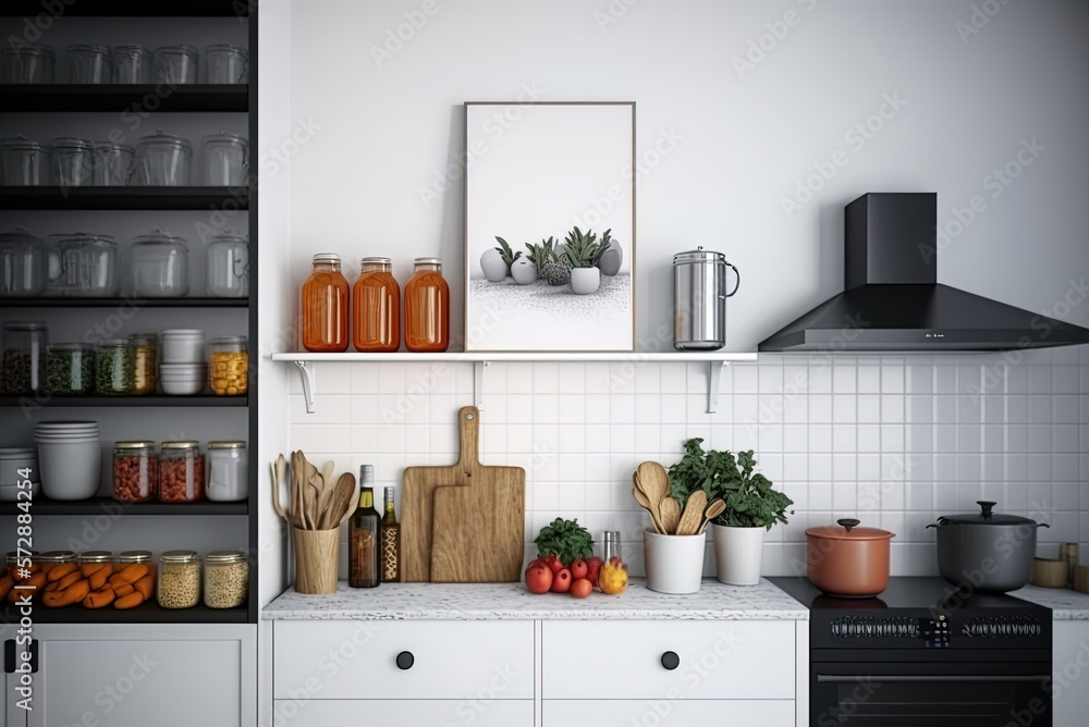 Poster image of a kitchen setting with a white shelf in the background. generative ai