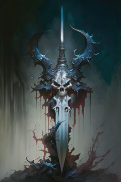 demon sword, whose wickedly curved blade drips with poisonous ichor and corrupts the mind of its user. AI generation.