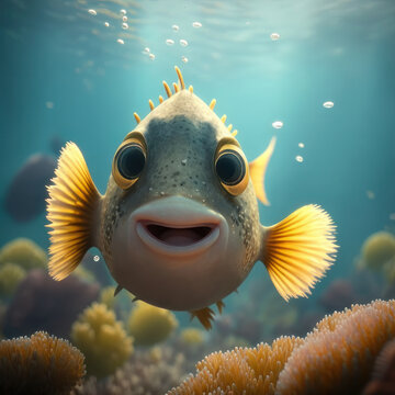 Cartoon smiling fish. AI generative.