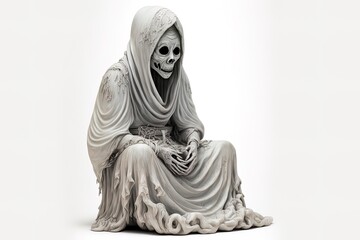 Ghostly figure dressed in traditional Thai garb sitting alone and looking downcast; spooky Halloween image. Generative AI