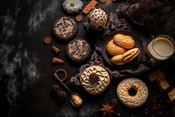 Fototapeta na wymiar Christmas cookies with cream and chocolate icing on a black backdrop. Generative AI