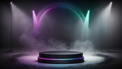 Empty dark display product podium with smoke float up and neon light background, with product placement area. Generated with AI. Suitable to use for display your brand or product promotion