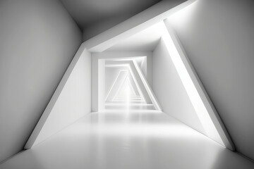 White futuristic tunnel leading to light. Wide angle. AI Generated