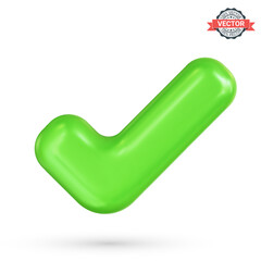 Green check mark or tick isolated on white background. Realistic 3d vector illustration in plastic cartoon style