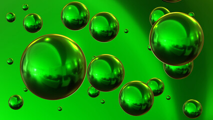Shiny colored balls abstract background, 3d green metallic glossy spheres