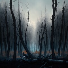 Obraz premium grove of ash surrounded by mountens and forest of dying tree, generative artificial intelligence 