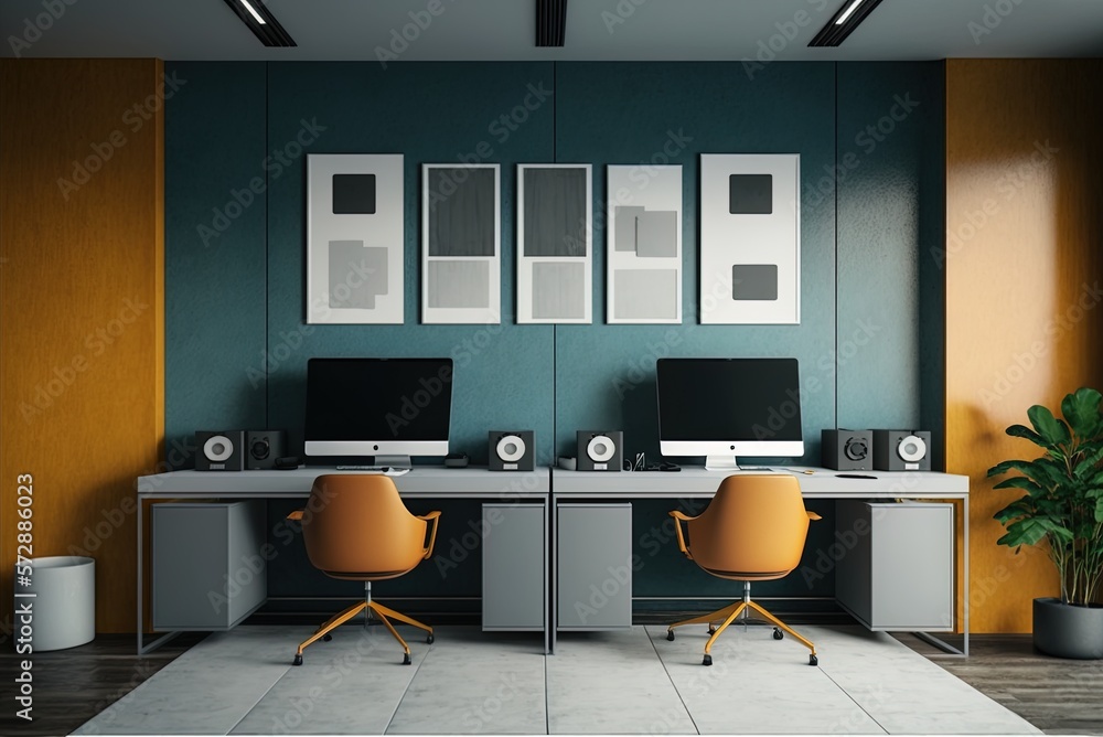 Poster two computers sit in a modern workplace. generative ai