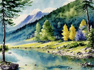 Summer landscape with mountain and lake views, digital watercolor painting, Generative AI