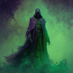 mysterious figure cloaked in a deep purple robe surrounded by an eerie green mist, fantasy art, AI generation.