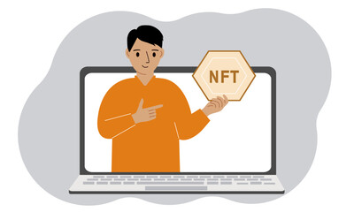NFT concept. A laptop in which a man with the image of NFT in the palm of his hand. Auction of non-fungible tokens, markets, online education.