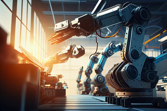 Machine robots in the production and processing of parts, robotic machinery with artificial intelligence, production plant, new technologies of the future. Generative AI