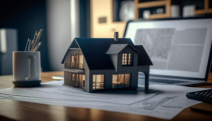 3d model of a house in an architect's office. Generative AI.