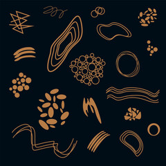 Hand drawn doodle shapes. Hand drawn textures, template.  Ornament in grunge style. Vector set of background texture, points, strokes. Freehand colorful Lines, curves, dots, spiral. Brush stroke style