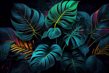 Fototapeta na wymiar Dark green tropical leaves colorful neon light, backlight, leaves composition, plant background, generative ai