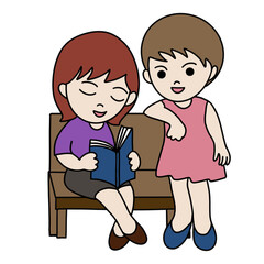 girls reading a book, kids studying