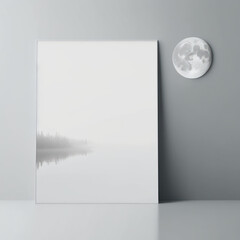 Wall poster mockup misty lake and silver moon, AI generation.