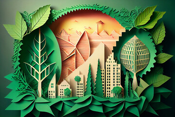 Green leaf image in the paper art style with trees, city building silhouettes, windmills, and solar panels. the preservation of ecology, generative ai